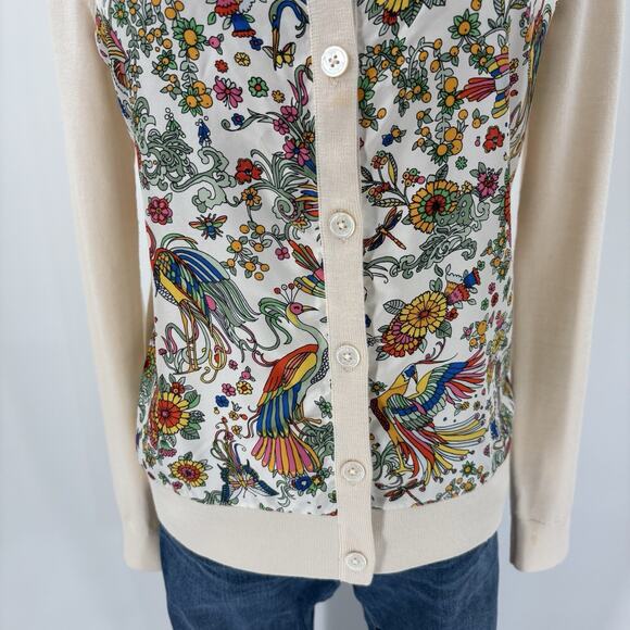 Tory Burch Silk Front Wool Cardigan Sweater Floral Peacock Cream Button-up READ - Picture 3 of 16